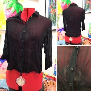 Black crinkle button down sheer blouse